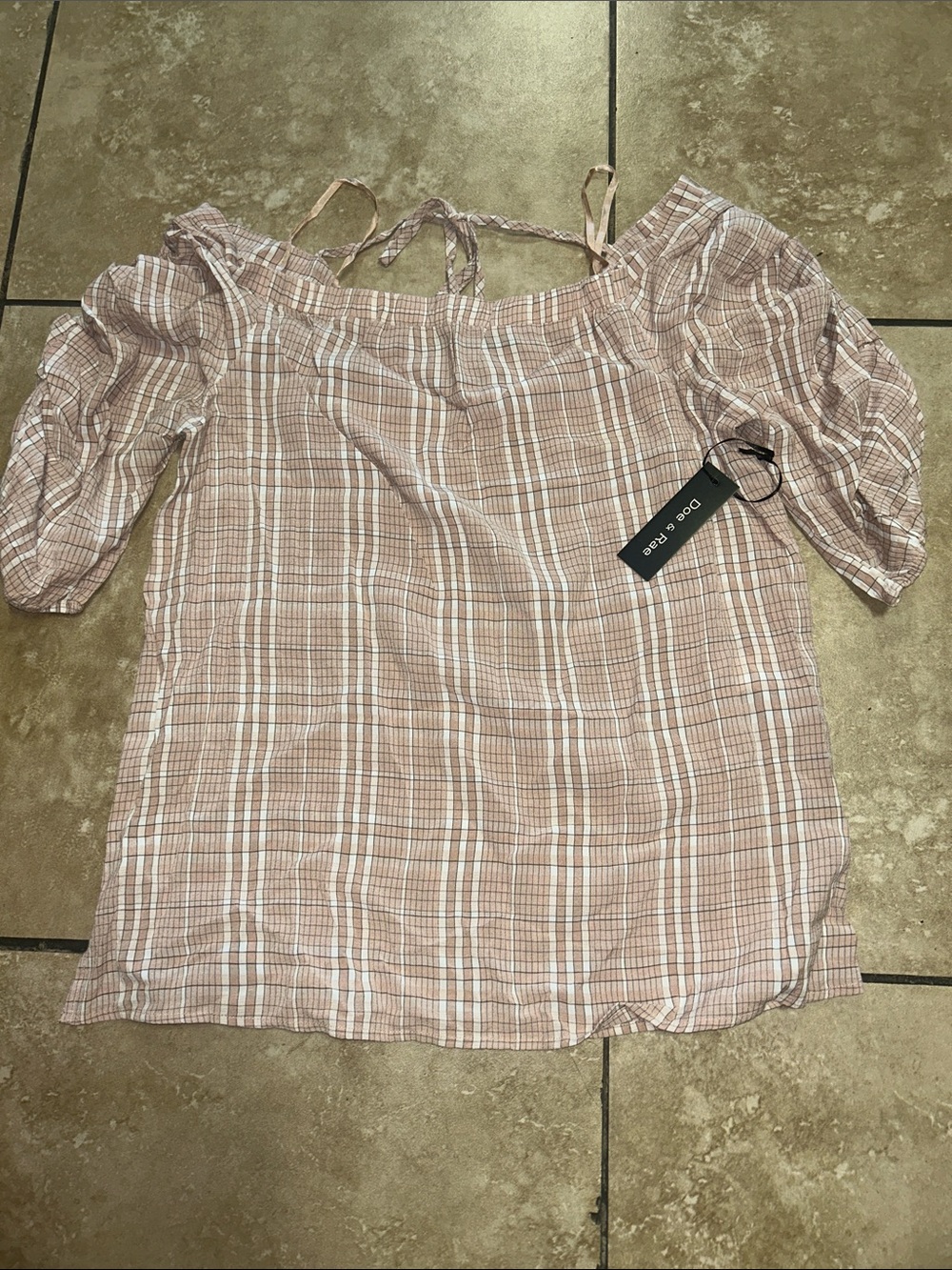 Doe and Rae Off-Shoulder Plaid Top in Blush Pink -